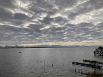 琵琶湖大橋西詰めから眺めた南湖は曇天軽風。南寄りの畦で軽く荒れてます（1月8日9時40分頃）