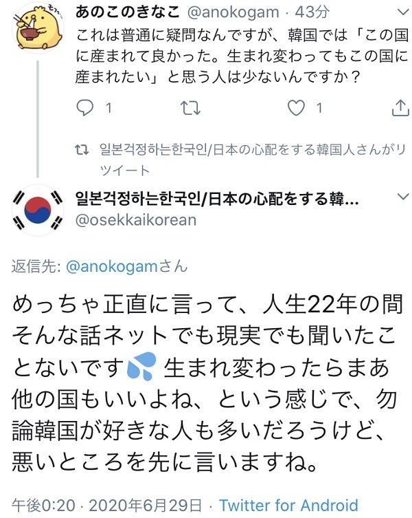 20200702韓国人「日本で生まれてよかったと本気で言ってる日本人が多くて驚いた。頭おかしいんじゃない？笑」