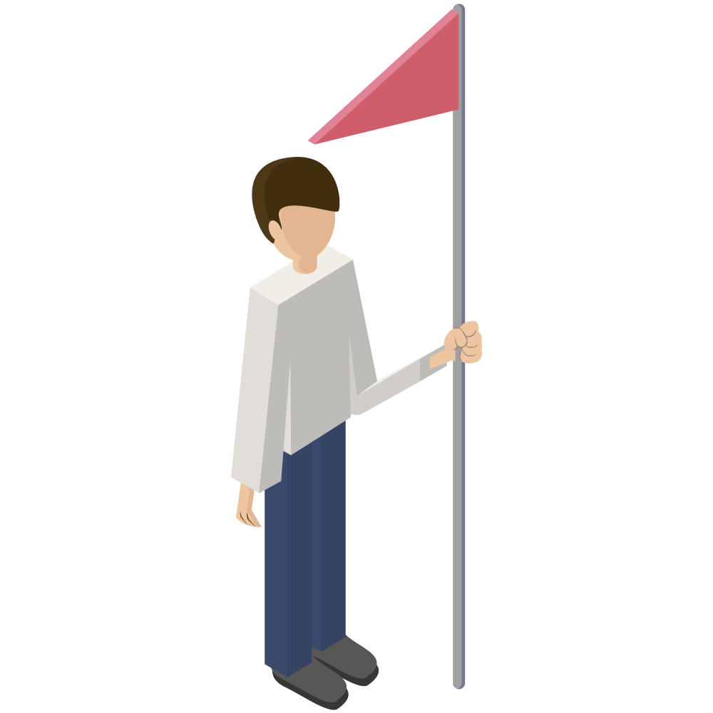 シンプルでかわいい3Dmapアイソメトリックの旗flagを持つ男性イラストyouarehere