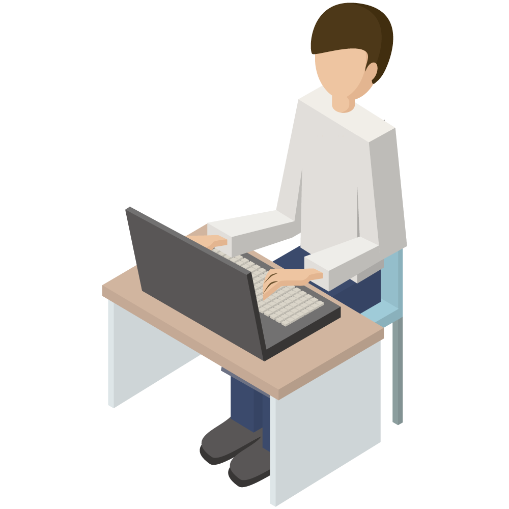 シンプルでかわいい3Dアイソメトリックのパソコンをしている男性のアイコン(左向き)