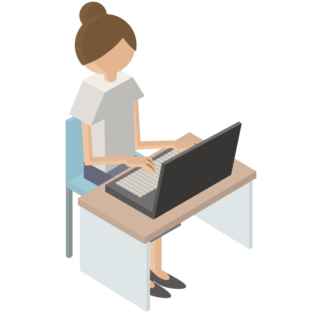 シンプルでかわいい3Dアイソメトリックのパソコンをしている女性のアイコン(右向き)