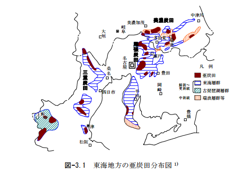 東海地方の亜炭田分布図